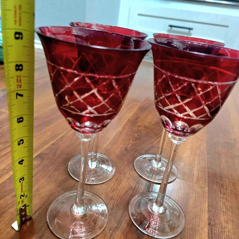 Vintage Ruby Cranberry Red Cut Glass Wine Goblets Set of 4 Clear Long Stem